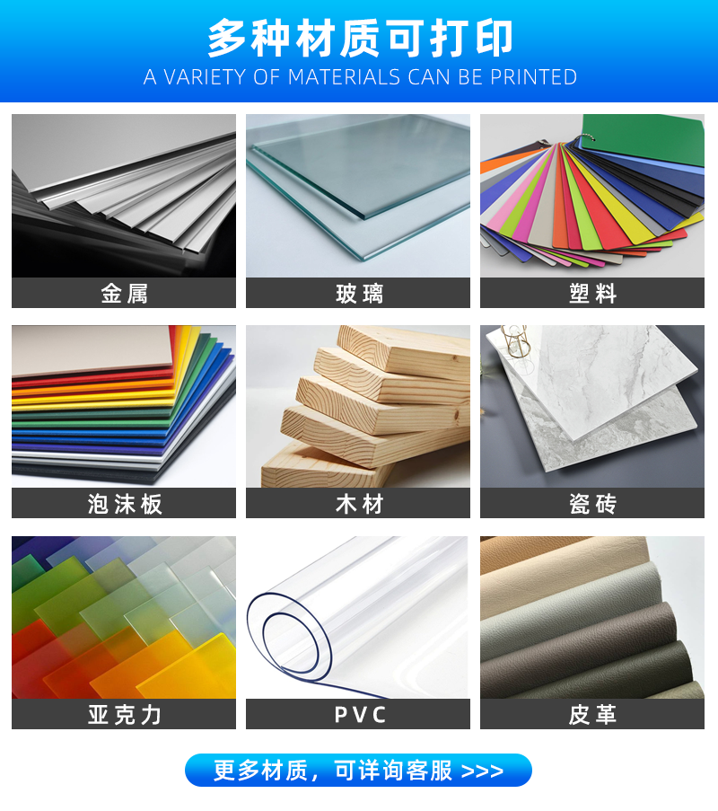 可打印的材料：金屬。玻璃、塑料